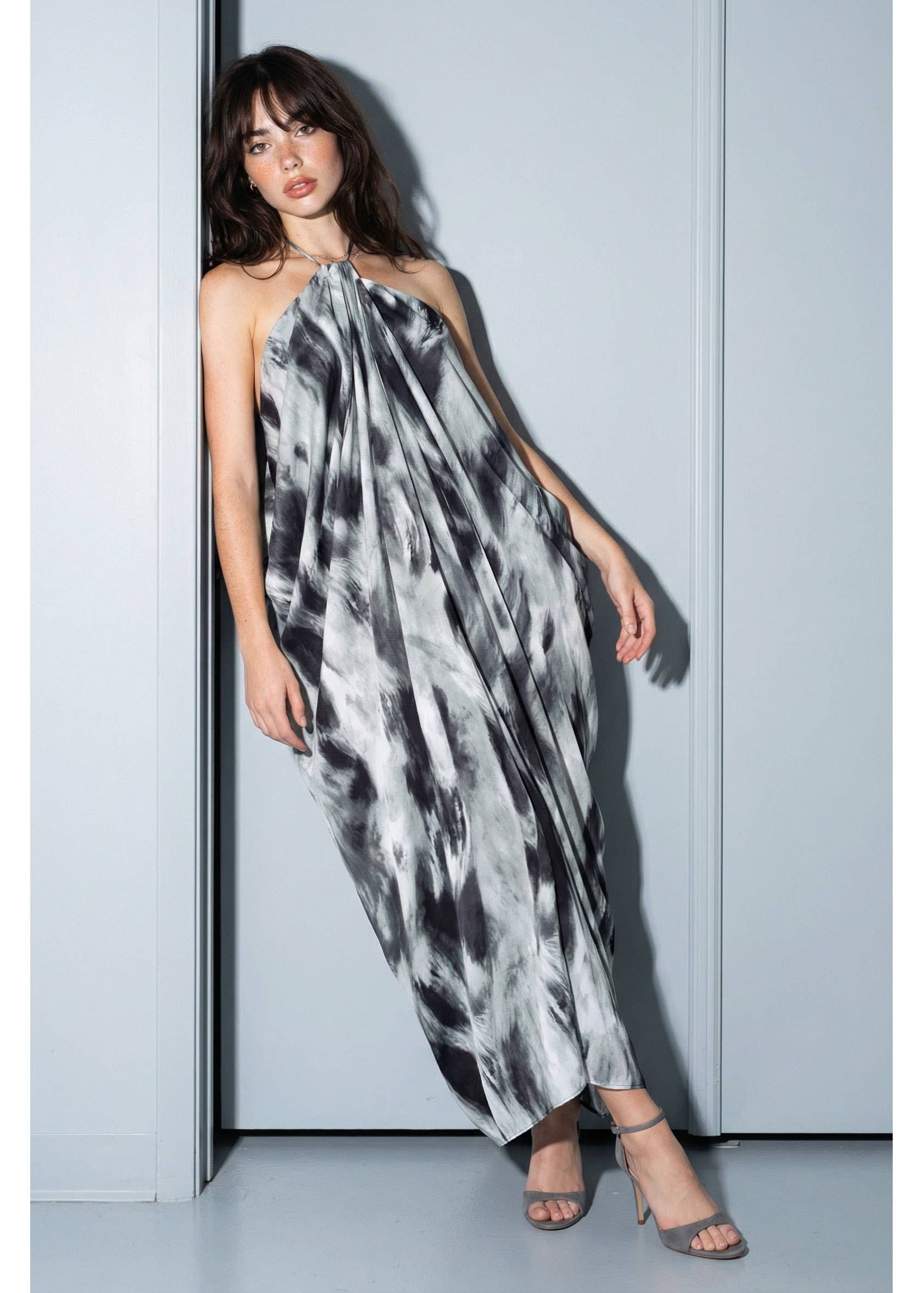 Abstract Marble Draped Halter Maxi Dress