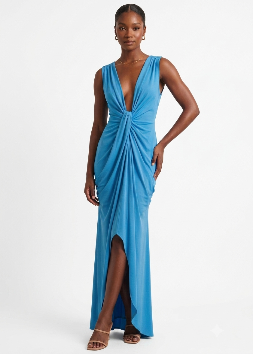 Azure Plunge Draped Maxi Dress