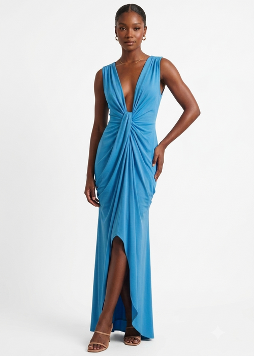 Azure Plunge Draped Maxi Dress