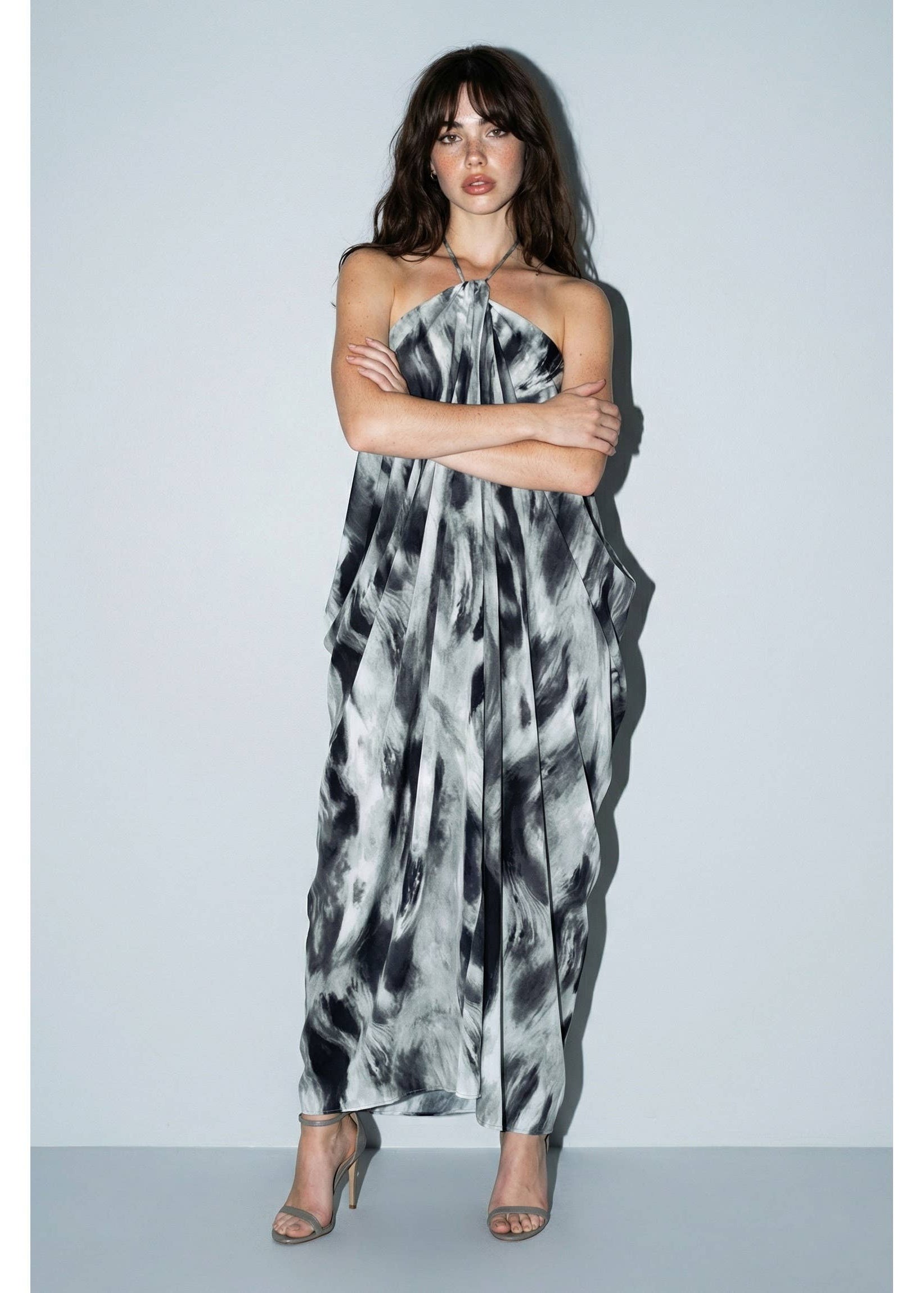 Abstract Marble Draped Halter Maxi Dress