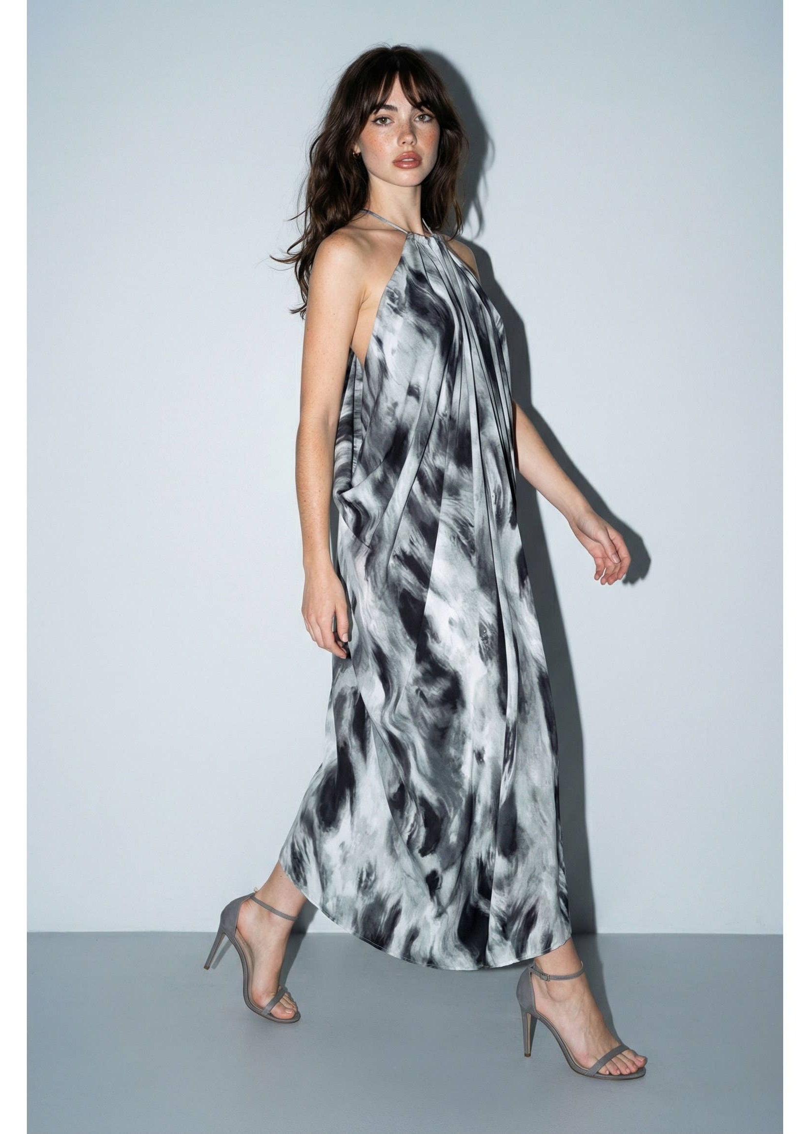 Abstract Marble Draped Halter Maxi Dress